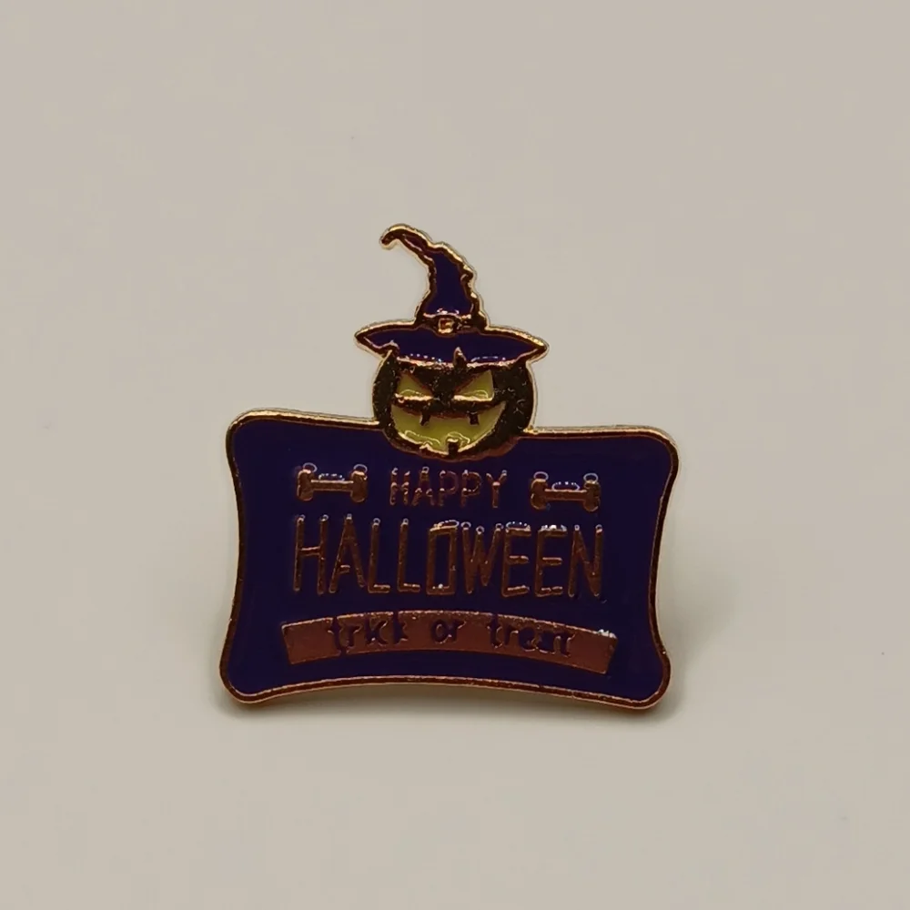 Happy Halloween Little Spooky Pumpkin Metal Enamel Pin, Goth Horror Fall
